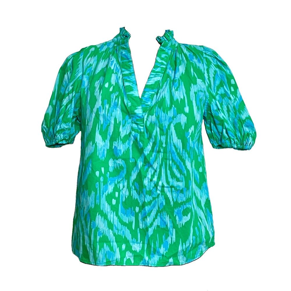 Sugarlips Floral Puff Sleeve Cotton Blouse Women Size Small Green Blue Ruffle